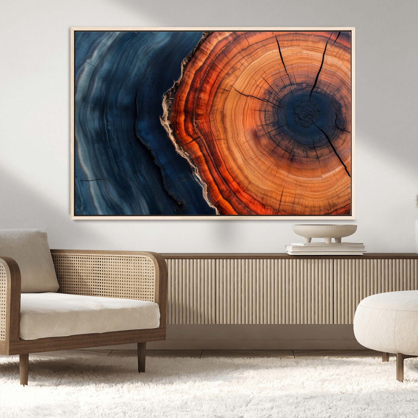 57732250-MGV-FC-36X24_Natural-Tree Ring Abstract Wall Art – Blue Orange Wood Grain Canvas Print, Modern Rustic Nature Artwork for Living Room, Office,