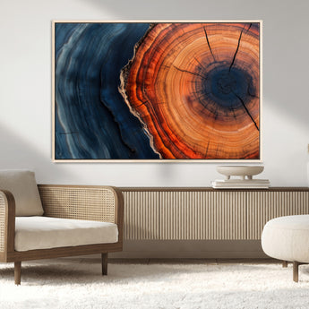57732250-MGV-FC-36X24_Natural-Tree Ring Abstract Wall Art – Blue Orange Wood Grain Canvas Print, Modern Rustic Nature Artwork for Living Room, Office,