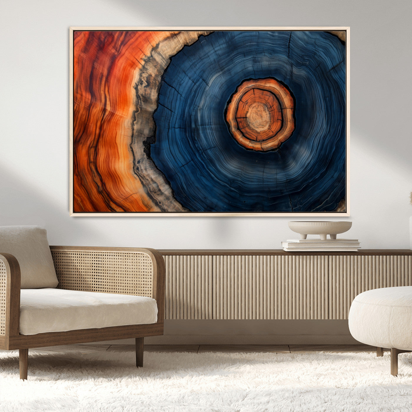 72209152-MGV-CV-36X24-Abstract Tree Ring Wall Art – Vibrant Blue Orange Wood Grain Canvas Print, Rustic Modern Nature Artwork for Living Room, Office,