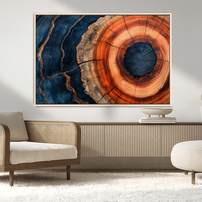 41123192-MGV-CV-36X24-Tree Ring Canvas Wall Art – Abstract Blue Orange Wood Grain Print, Rustic Modern Nature Artwork for Living Room, Bedroom, Office