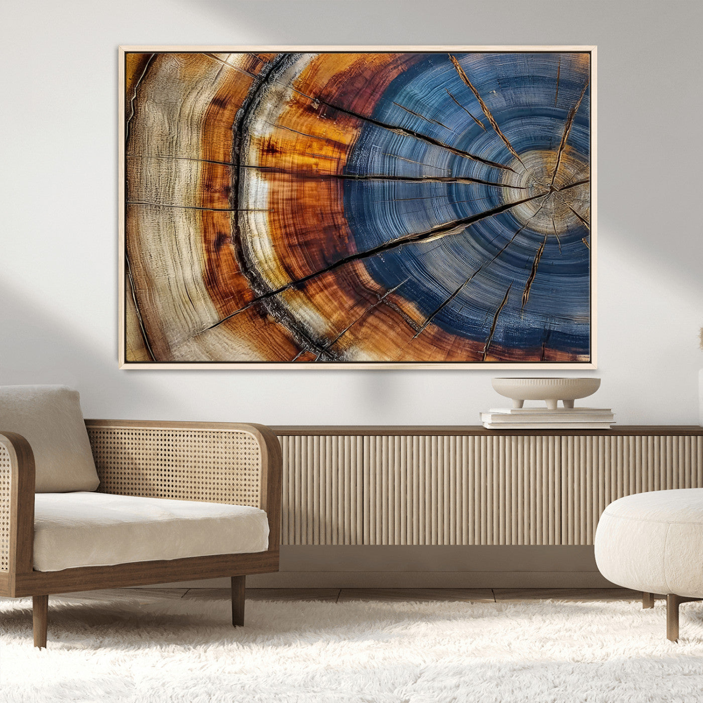 18032999-MGV-CV-36X24-Tree Ring Wall Art – Blue Brown Abstract Wood Slice Canvas Print, Rustic Modern Nature Decor for Living Room, Office, Bedroom or