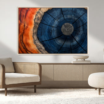 26110607-MGV-CV-36X24-Blue and Orange Tree Ring Wall Art – Abstract Wood Cross Section Canvas Print, Modern Rustic Nature Decor for Living Room, Office,