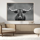81228550-MGV-CV-36X24-Framed Texas Longhorn Bull Art Canvas Print, Western Bull Wall Art Print, Long Horn Bull Photo Print for Log Cabin, Large Bull