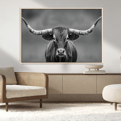 81228550-MGV-CV-36X24-Framed Texas Longhorn Bull Art Canvas Print, Western Bull Wall Art Print, Long Horn Bull Photo Print for Log Cabin, Large Bull