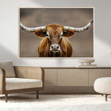 12179171-MGV-CV-36X24-Texas Longhorn Wall Art Canvas Print, Framed Brown Bull Art Picture Print, Lone Cattle Perfect Rustic Western Decor Artwork
