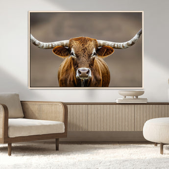 12179171-MGV-CV-36X24-Texas Longhorn Wall Art Canvas Print, Framed Brown Bull Art Picture Print, Lone Cattle Perfect Rustic Western Decor Artwork