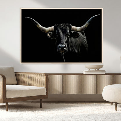 37531960-MGV-CV-36X24-Black Longhorn Bull Wall Art – Dramatic Western Cattle Canvas Print, Rustic Farmhouse Animal Artwork for Living Room, Bedroom,