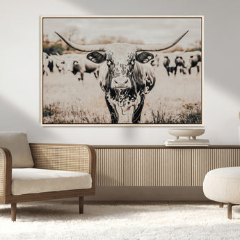 27497342-MGV-CV-36X24-Texas Longhorn Wall Art Canvas Print, Framed Speckled Cow Art Picture Print, Horned Cattle Perfect Rustic Western Decor Artwork