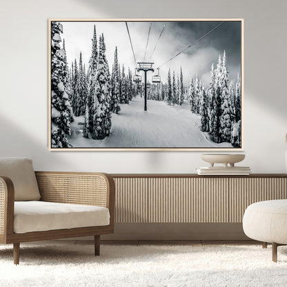 31156828-MGV-CV-36X24-Snowy Pines Wall Art Canvas Print, Framed Ski Lift Art Picture Print, Winter Forest Perfect Moody Lodge Decor Artwork