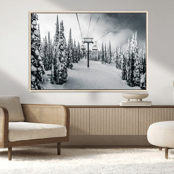 31156828-MGV-CV-36X24-Snowy Pines Wall Art Canvas Print, Framed Ski Lift Art Picture Print, Winter Forest Perfect Moody Lodge Decor Artwork