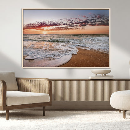 39846389-MGV-CV-36X24-Ocean Sunset Wall Art Canvas Print, Framed Sandy Shore Art Picture Print, Gentle Waves Perfect Minimalist Coastal Decor Artwork