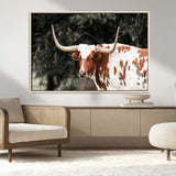 54027638-MGV-CV-36X24-Texas Longhorn Wall Art Canvas Print, Framed Spotted Cow Art Picture Print, Horned Bull Perfect Rustic Western Decor Artwork