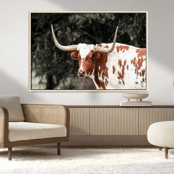54027638-MGV-CV-36X24-Texas Longhorn Wall Art Canvas Print, Framed Spotted Cow Art Picture Print, Horned Bull Perfect Rustic Western Decor Artwork