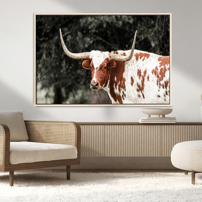 54027638-MGV-CV-36X24-Texas Longhorn Wall Art Canvas Print, Framed Spotted Cow Art Picture Print, Horned Bull Perfect Rustic Western Decor Artwork