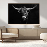 42077175-MGV-CV-36X24-Texas Longhorn Wall Art Canvas Print, Framed Monochrome Bull Art Picture Print, Horned Bull Perfect Rustic Western Decor Artwork