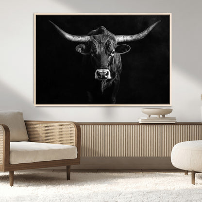 42077175-MGV-CV-36X24-Texas Longhorn Wall Art Canvas Print, Framed Monochrome Bull Art Picture Print, Horned Bull Perfect Rustic Western Decor Artwork