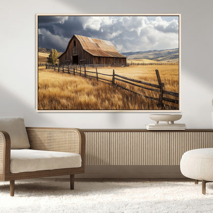 38758826-MGV-CV-36X24-Rustic Barn Wall Art Canvas Print, Framed Moody Barn Art Picture Print, Golden Field Perfect Rustic Farmhouse Decor Artwork
