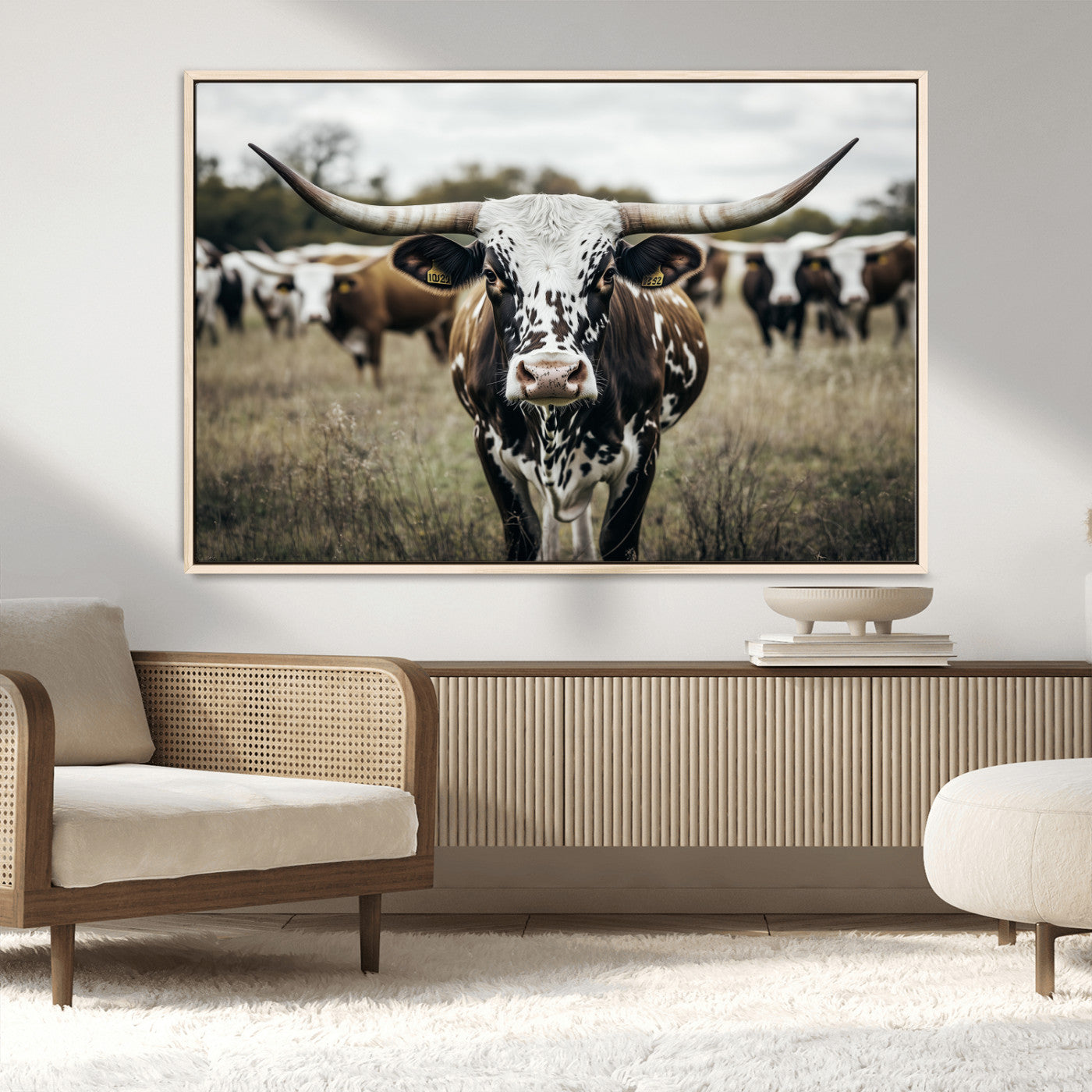 79025945-MGV-FC-36X24_Natural-Texas Longhorn Wall Art Canvas Print, Framed Speckled Cow Art Picture Print, Horned Cattle Perfect Rustic Western Decor Artwork