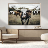 79025945-MGV-FC-36X24_Natural-Texas Longhorn Wall Art Canvas Print, Framed Speckled Cow Art Picture Print, Horned Cattle Perfect Rustic Western Decor Artwork