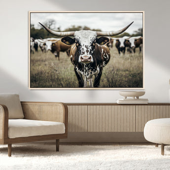 79025945-MGV-FC-36X24_Natural-Texas Longhorn Wall Art Canvas Print, Framed Speckled Cow Art Picture Print, Horned Cattle Perfect Rustic Western Decor Artwork