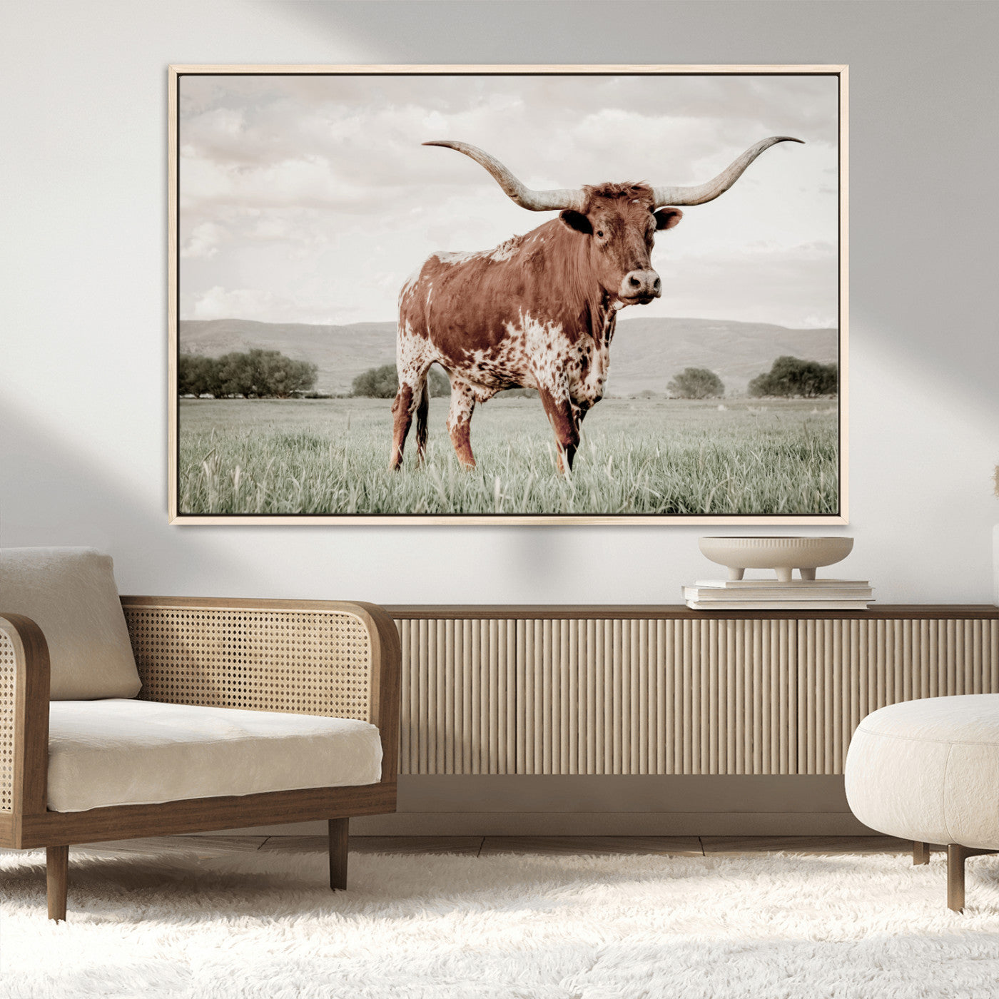 28309012-MGV-CV-36X24-Texas Longhorn Wall Art Canvas Print, Framed Spotted Cattle Art Picture Print, Horned Bull Perfect Rustic Western Decor Artwork