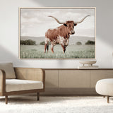 28309012-MGV-CV-36X24-Texas Longhorn Wall Art Canvas Print, Framed Spotted Cattle Art Picture Print, Horned Bull Perfect Rustic Western Decor Artwork