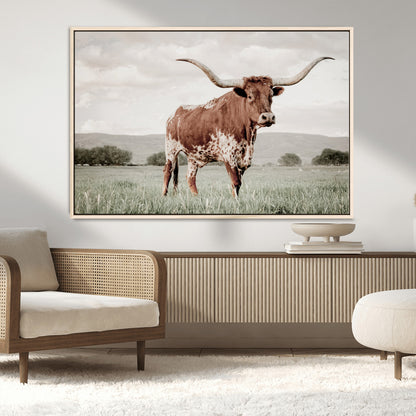 28309012-MGV-CV-36X24-Texas Longhorn Wall Art Canvas Print, Framed Spotted Cattle Art Picture Print, Horned Bull Perfect Rustic Western Decor Artwork