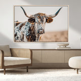 70414966-MGV-CV-36X24-Texas Longhorn Wall Art Canvas Print, Framed Speckled Cow Art Picture Print, Horned Bull Perfect Rustic Western Decor Artwork