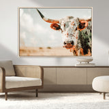 72766375-MGV-CV-36X24-Texas Longhorn Wall Art Canvas Print, Framed Spotted Cow Art Picture Print, Horned Cattle Perfect Rustic Western Decor Artwork