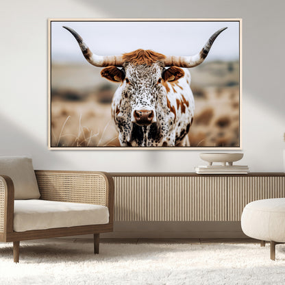 76294381-MGV-CV-36X24-Texas Longhorn Wall Art Canvas Print, Framed Spotted Cow Art Picture Print, Horned Cattle Perfect Rustic Western Decor Artwork