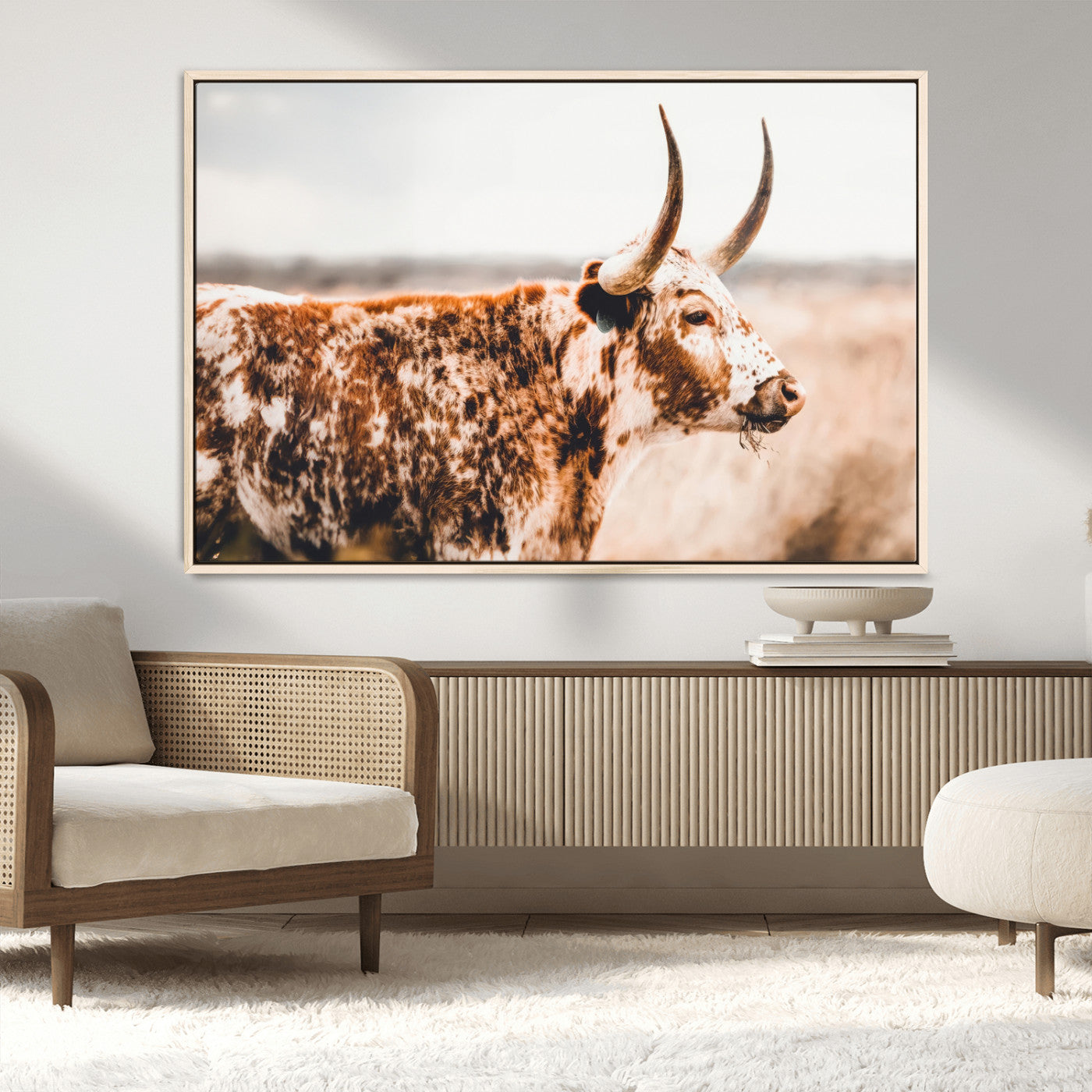 11528295-MGV-FC-36X24_Natural-Speckled Longhorn Wall Art Canvas Print, Framed Texas Cattle Art Picture Print, Horned Cow Perfect Rustic Western Decor Artwork