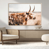 11528295-MGV-FC-36X24_Natural-Speckled Longhorn Wall Art Canvas Print, Framed Texas Cattle Art Picture Print, Horned Cow Perfect Rustic Western Decor Artwork