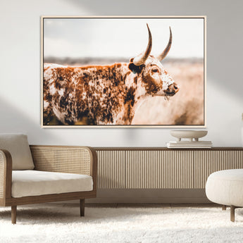 11528295-MGV-FC-36X24_Natural-Speckled Longhorn Wall Art Canvas Print, Framed Texas Cattle Art Picture Print, Horned Cow Perfect Rustic Western Decor Artwork