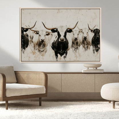 12027562-MGV-CV-36X24-Longhorn Cattle Wall Art Canvas Print, Framed Bison Herd Art Picture Print, Cattle Group Perfect Rustic Farmhouse Decor Artwork