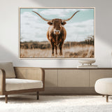 39350715-MGV-CV-36X24-Texas Longhorn Wall Art Canvas Print, Framed Longhorn Cow Art Picture Print, Western Cattle Perfect Rustic Western Decor Artwork