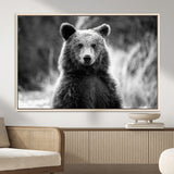 MGV-FC-36X24 - Grizzly Bear Wall Art Canvas Print, Framed Black White Bear Art Picture Print, Wild Bear Perfect Rustic Wildlife Decor Artwork