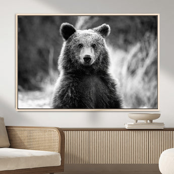 MGV-FC-36X24 - Grizzly Bear Wall Art Canvas Print, Framed Black White Bear Art Picture Print, Wild Bear Perfect Rustic Wildlife Decor Artwork