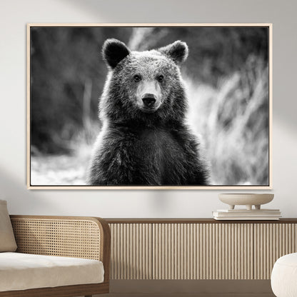 MGV-FC-36X24 - Grizzly Bear Wall Art Canvas Print, Framed Black White Bear Art Picture Print, Wild Bear Perfect Rustic Wildlife Decor Artwork