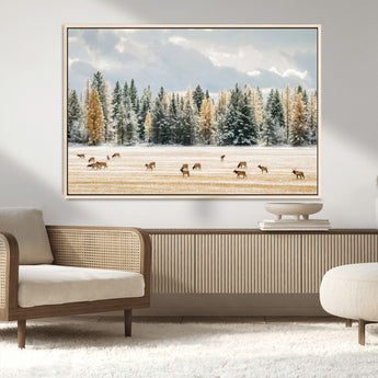 64188182-MGV-CV-36X24-Elk Herd Wall Art Canvas Print, Framed Snowy Forest Art Picture Print, Forest Elks Perfect Neutral Rustic Decor Artwork