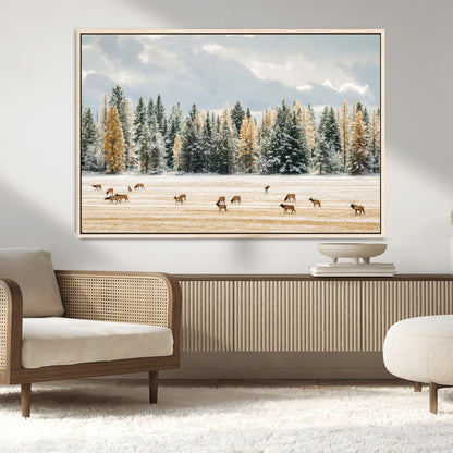 64188182-MGV-CV-36X24-Elk Herd Wall Art Canvas Print, Framed Snowy Forest Art Picture Print, Forest Elks Perfect Neutral Rustic Decor Artwork