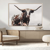 95249234-MGV-CV-36X24-Texas Longhorn Wall Art Canvas Print, Framed Spotted Bull Art Picture Print, Horned Cattle Perfect Rustic Farmhouse Decor Artwork
