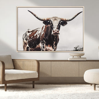 95249234-MGV-CV-36X24-Texas Longhorn Wall Art Canvas Print, Framed Spotted Bull Art Picture Print, Horned Cattle Perfect Rustic Farmhouse Decor Artwork