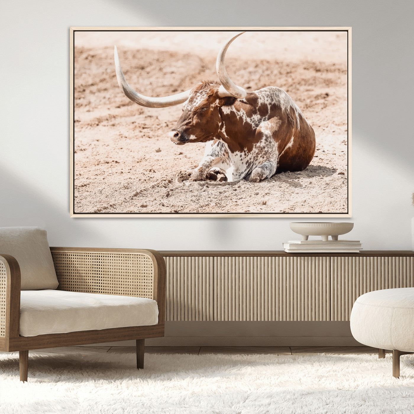 91248682-MGV-CV-36X24-Texas Longhorn Wall Art Canvas Print, Framed Resting Bull Art Picture Print, Spotted Cattle Perfect Rustic Western Decor Artwork