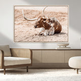 91248682-MGV-CV-36X24-Texas Longhorn Wall Art Canvas Print, Framed Resting Bull Art Picture Print, Spotted Cattle Perfect Rustic Western Decor Artwork