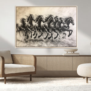 56089591-MGV-CV-36X24-Galloping Horses Wall Art Canvas Print, Framed Wild Stallions Art Picture Print, Horse Herd Sketch Perfect Monochrome Dynamic