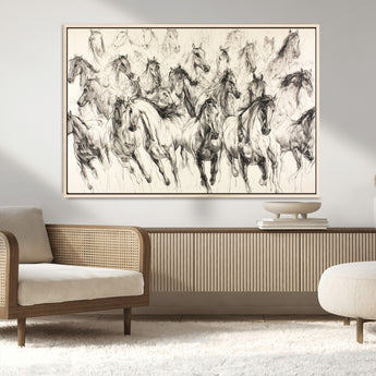 19433417-MGV-FC-36X24_Natural-Running Horses Wall Art Canvas Print, Framed Horse Sketch Art Picture Print, Galloping Herd Perfect Monochrome Western Decor