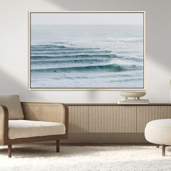 73969318-MGV-CV-36X24-Ocean Waves Wall Art Canvas Print, Framed Surfer Lineup Art Picture Print, Crowded Ocean Perfect Minimal Coastal Decor Artwork