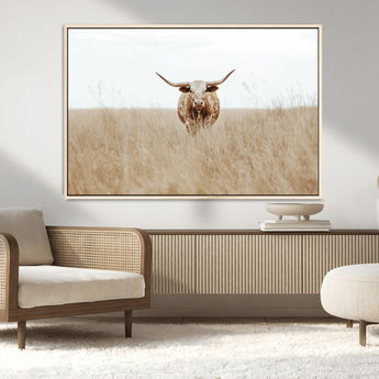 20927060-MGV-CV-36X24-Texas Longhorn Wall Art Canvas Print, Framed Lone Cattle Art Picture Print, Longhorn Bull Perfect Rustic Western Decor Artwork