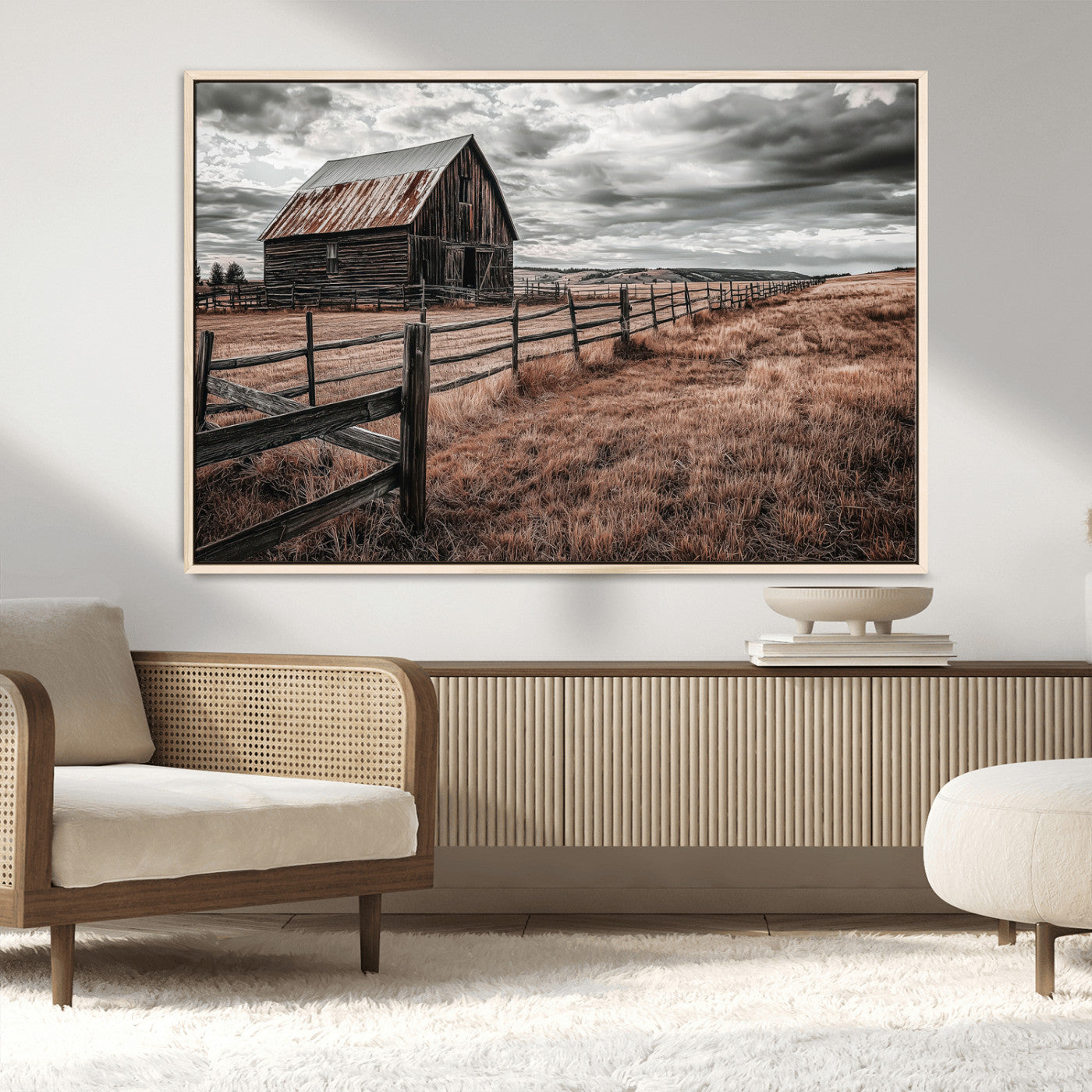 73898372-MGV-CV-36X24-Rustic Barn Wall Art Canvas Print, Framed Moody Field Art Picture Print, Weathered Fence Perfect Moody Farmhouse Decor Artwork