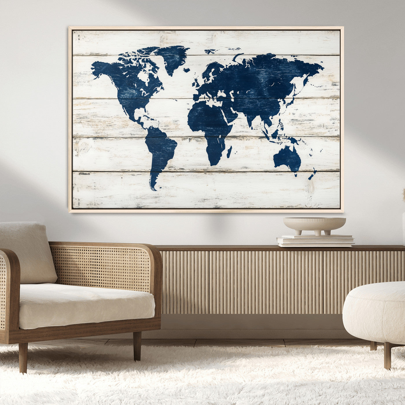 42865106-MGV-CV-36X24-World Map Wall Art – Rustic Blue and White Triptych Canvas for Modern Home or Office Decor, Coastal Style Wall Art for Living Room